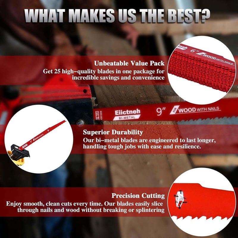 Eiictneh 25 Pack 6/12 TPI 9 Inch Stud and Nail Sawzall Blades - Bi-Metal Reciprocating Blades for Cutting Nail-Embedded Wood, Metal, and PVC, with Storage Case - Image 5
